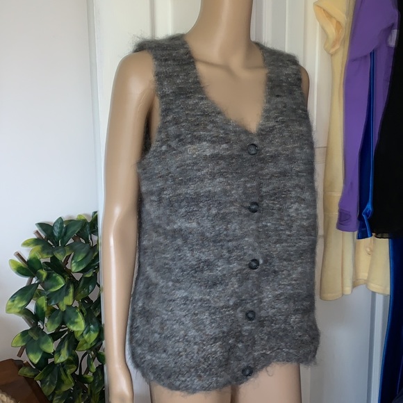 vtg Hand knitted fuzzy mohair wool button down sleeveless sweater vest M L - Picture 6 of 8